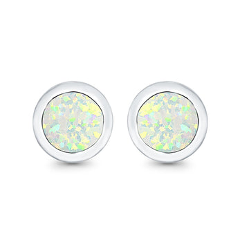 Round Stud Earrings Lab Created White Opal 925 Sterling Silver (7mm)